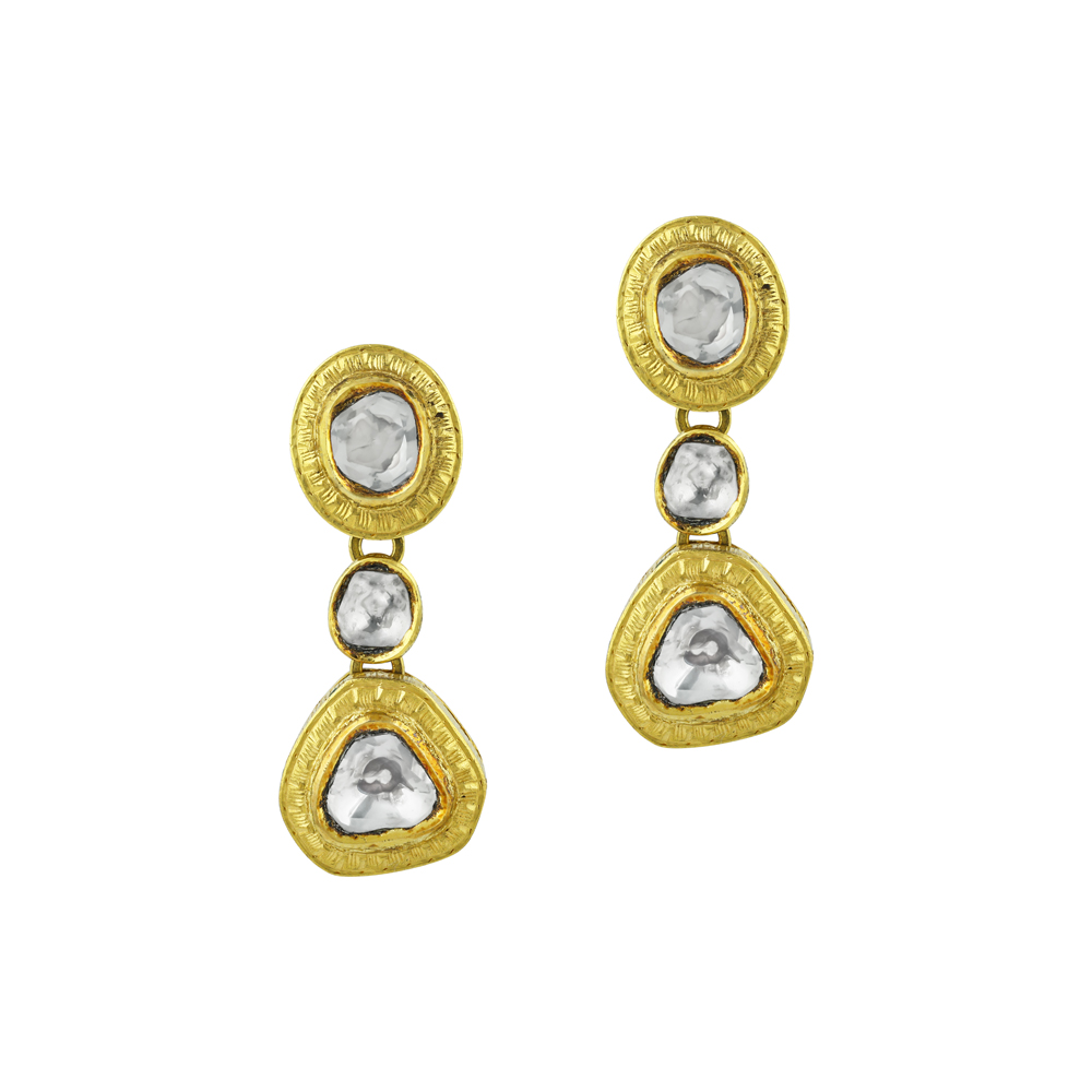 Geometric Polki Earrings with Textured Gold Frames